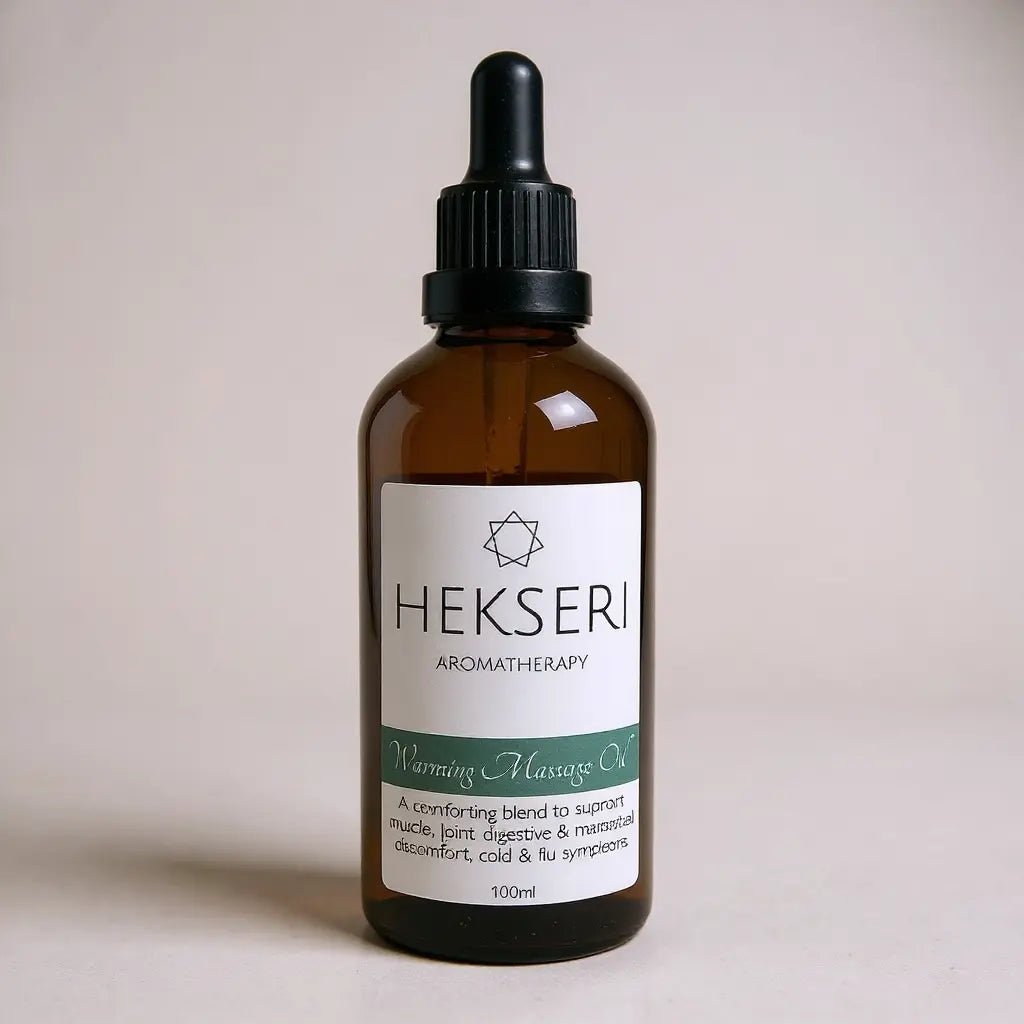 Aromatherapy bottle with dropper labeled 'HEKSERI' on a neutral background