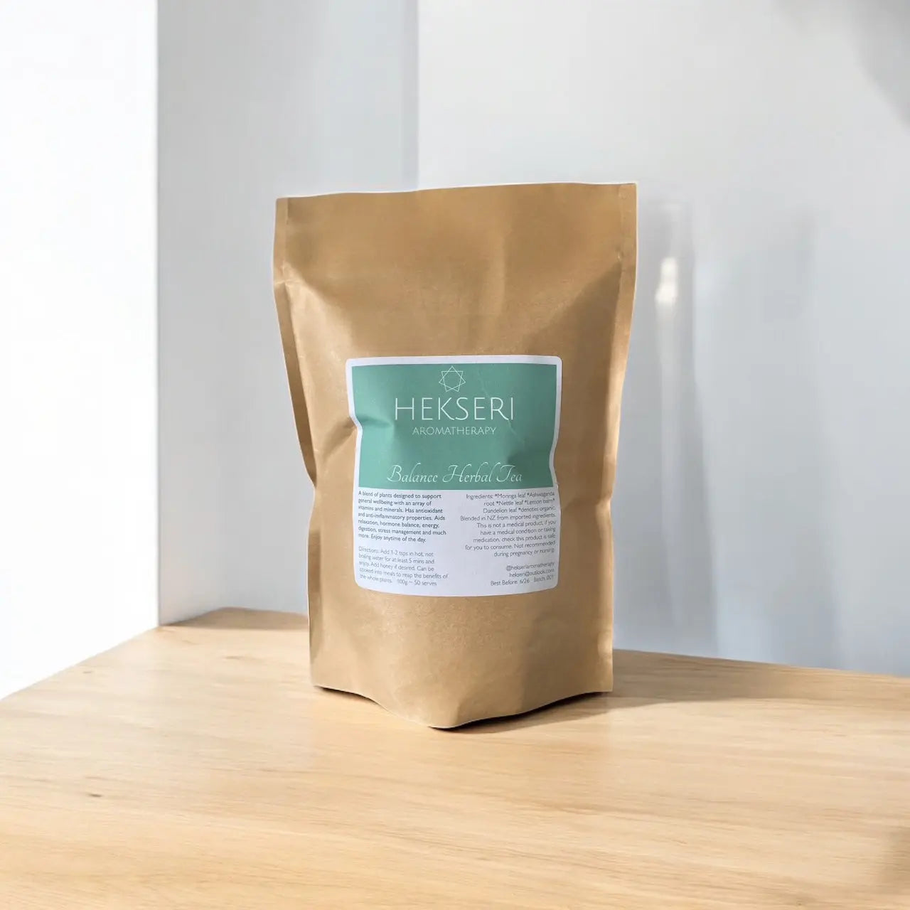 Balance herbal tea, Moringa, Nettle, Dandelion, Ashwaganda and Lemon balm. Blended in NZ