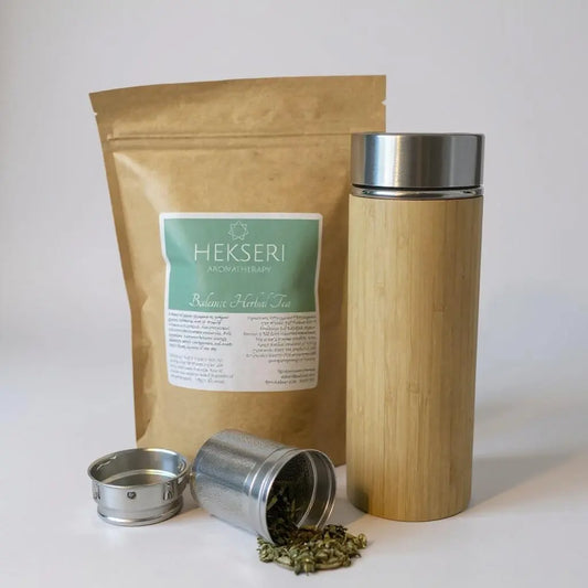 Bamboo stainless steel tea travel flask and herbal tea combo