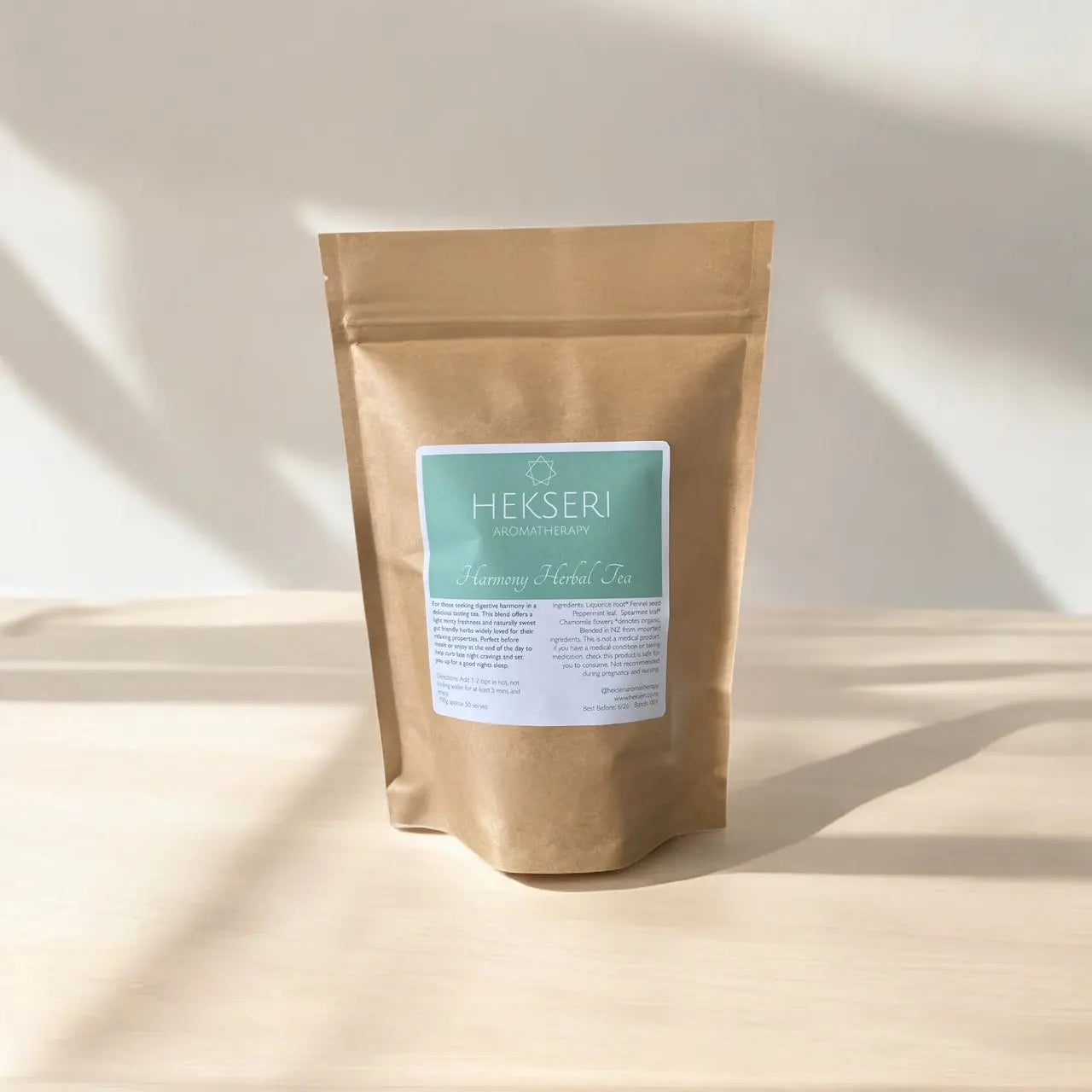 Harmony herbal tea, Chamomile, Peppermint, Spearmint, Liquorice root and Fennel seed.
