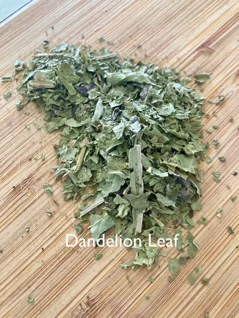 Dried dandelion leaves on a wooden surface with 'Dandelion Leaf' text.